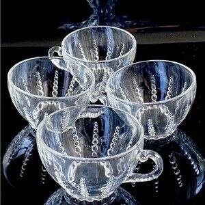 Vintage Federal Depression Clear Glass Columbia Pattern Tea Coffee Cups Set Of 4